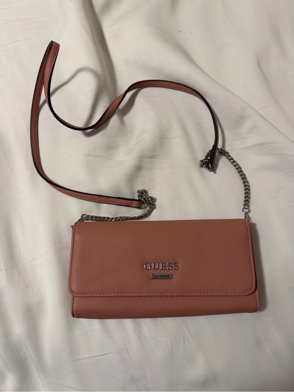 GUESS Mauve Pink Crossbody Wallet with Silver Chain Strap